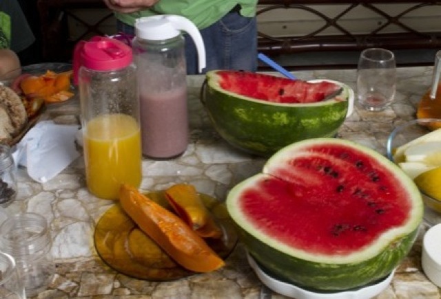 Uma mesa de almoço ou lanche típica da Dieta Gracie: sucos de açaí e de laranja lima, melancia, mamão e queijos brancos.