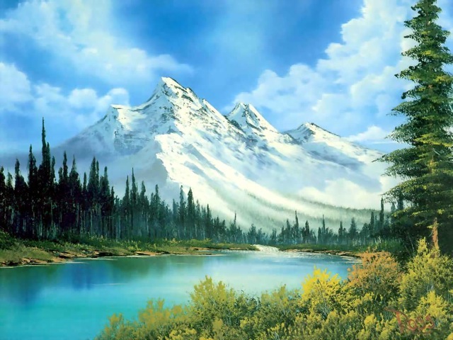 Paisagem pintada por Bob Ross. 