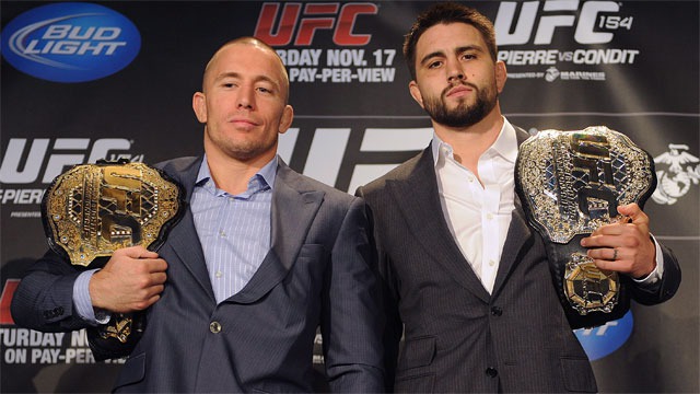 GSP com Carlos Condit em coletiva do UFC Divulgacao