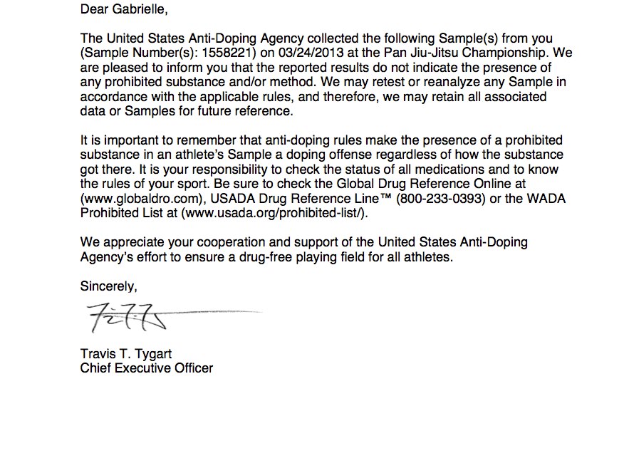 USADA letter says Gabi is PED free