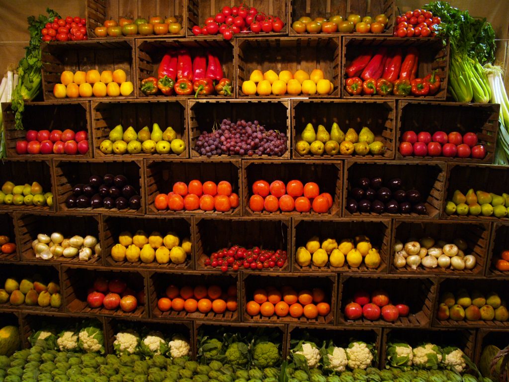 Mix of colorful fruits and vegetables. 