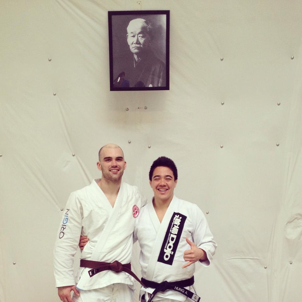 James Puopolo with his judo professor Andy Huang after his brown belt promotion. Photo: Personal Archive