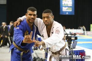 Tim Spriggs (right) and Erberth Santon (left) after closing out the brown belt adult open weight division. Photo: Erin Herle