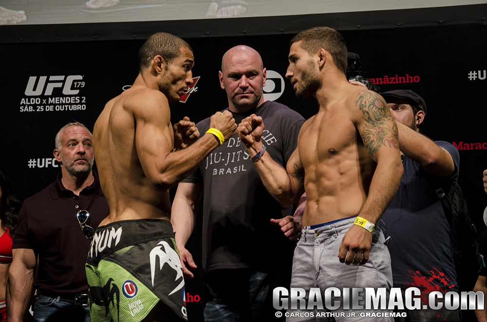 A encarada entre José Aldo e Chad Mendes para o UFC 179. Foto: Carlos Arthur Jr.