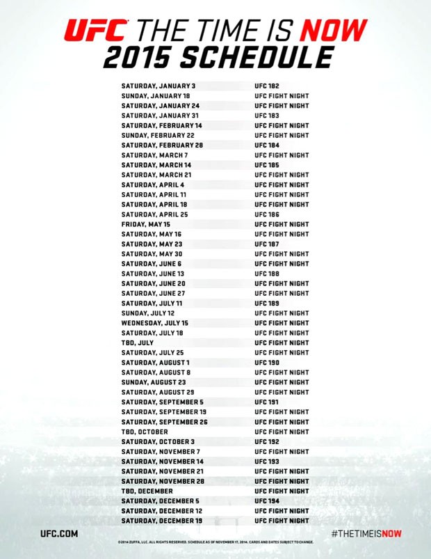 Calendário de eventos do UFC em 2015. Foto: Reprodução