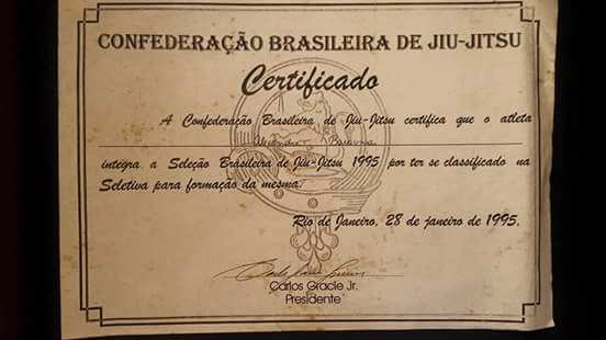 Diploma da selecao brasileira de BJJ de 1995